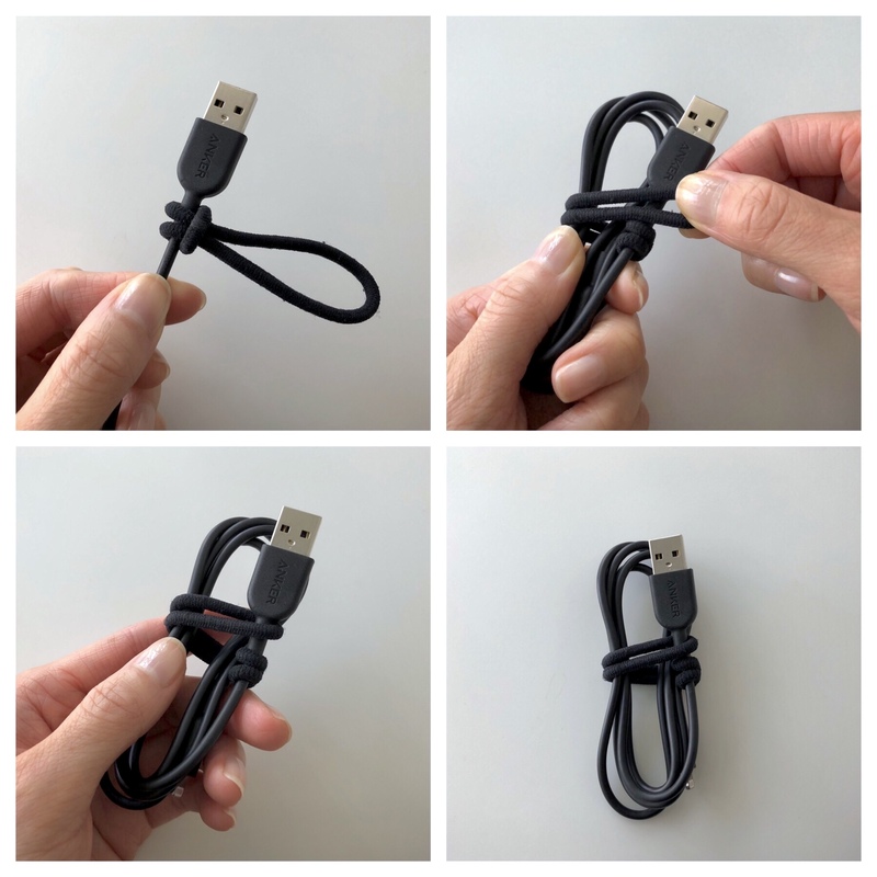 Steps to use a hair tie as a cable tie