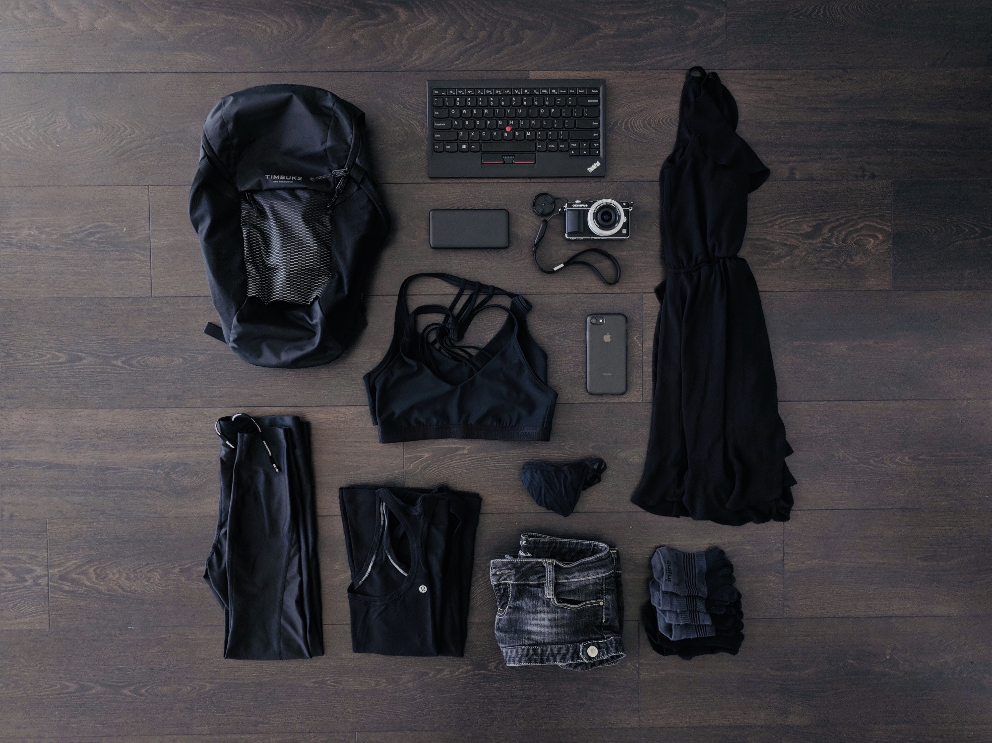 A flat lay of my pack for a trip to Montreal
